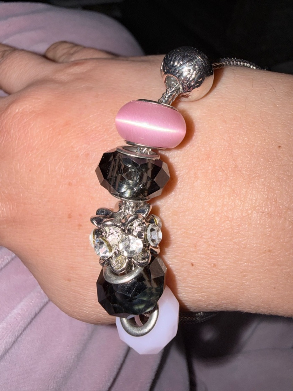 Silver Charm Bracelet with Pink Cat's Eye & Black Crystal Beads